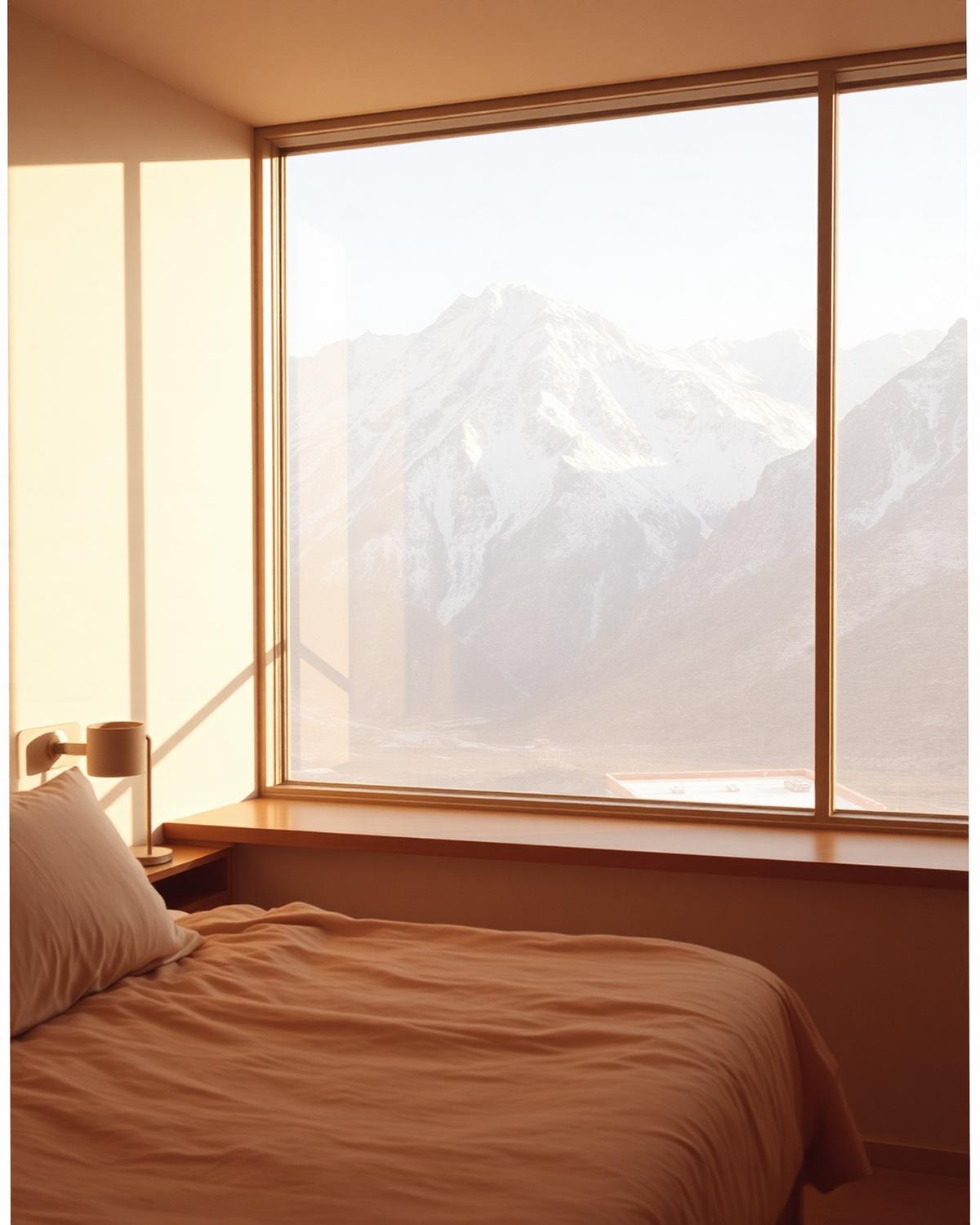 Double glazing and heavy winter bedding in a heated guest room overlooking the Skardu mountains