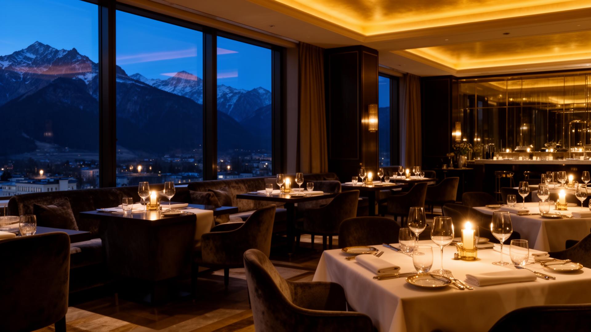 Low lamp lighting over a private dining table set for two in the evening